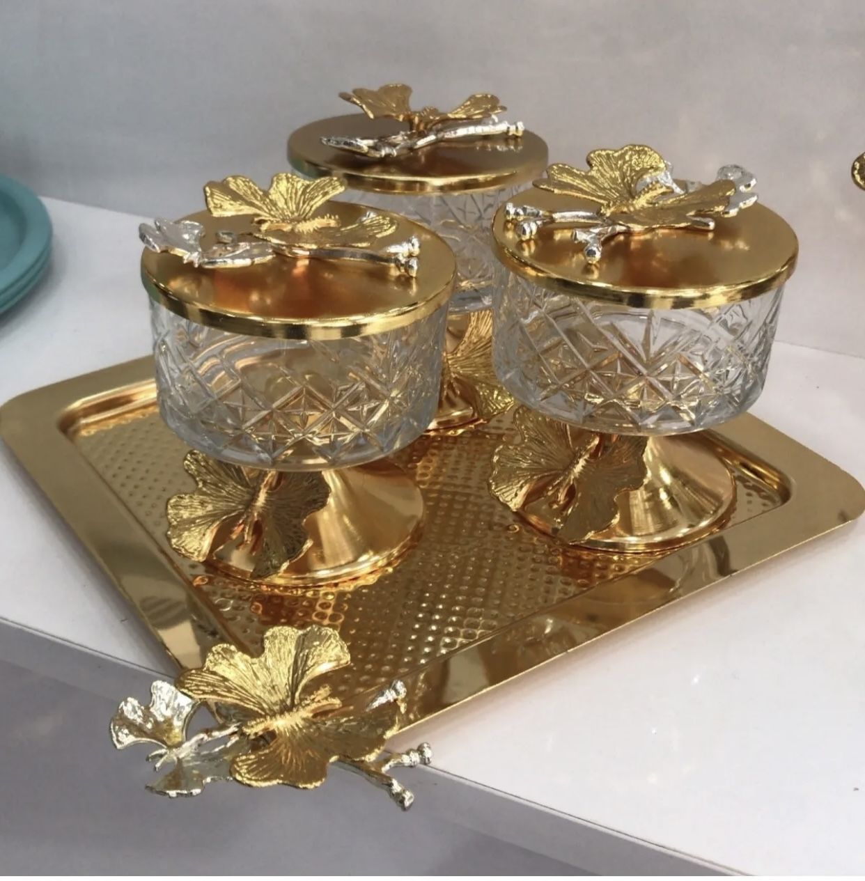GOLD KARE TEPSİLİ 3 LÜ CAM ÇEREZLİK İKRAMLIK
