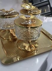 GOLD KARE TEPSİLİ 3 LÜ CAM ÇEREZLİK İKRAMLIK