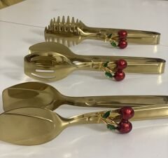GOLD KAPLAMA 3 LÜ SERVİS MAŞA SETİ KİRAZ AKSESUARLI