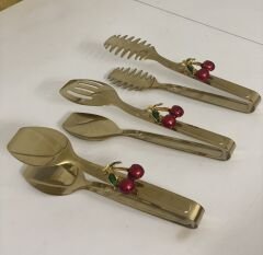 GOLD KAPLAMA 3 LÜ SERVİS MAŞA SETİ KİRAZ AKSESUARLI