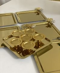 2 MODEL 6 LI GOLD KARE KELEBEKLİ TEPSİ VE 6 LI GOLD MAKARONLUK