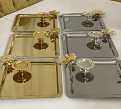 2 MODEL GOLD VE GÜMÜŞ KELEBEKLİ KARE TEPSİ VE MAKARONLUK
