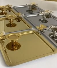 2 MODEL GOLD VE GÜMÜŞ KELEBEKLİ KARE TEPSİ VE MAKARONLUK