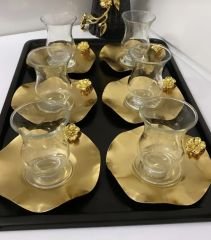 6 Lı Gold Kaplama Dalgalı Model Çay Tabağı Lüx Sunum Japon güllü