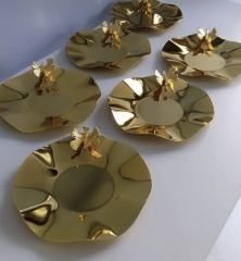 6 Li Gold Dalgali Model Kelebek Aksesuarlı Çay Tabağı Lux Sunum
