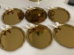 ÇELİK GOLD KAPLAMA OVAL BEYAZ KELEBEKLİ 6 ADET TEPSİ 15*21 CM