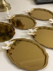 ÇELİK GOLD KAPLAMA OVAL BEYAZ KELEBEKLİ 6 ADET TEPSİ 15*21 CM