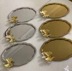 GOLD VE GÜMÜŞ OVAL MODEL 6 ADET SUNUM TEPSİSİ KELEBEKLİ 15*21 CM