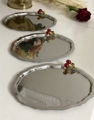 20*25 CM ÇELİK OVAL MODEL 6 ADET SERVİS VE SUNUM TEPSİSİ KİRAZLI