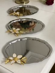 20*25 CM ÇELİK OVAL 3 ADET SERVİS VE SUNUM TEPSİSİ BÜYÜK ÇİÇEKLİ