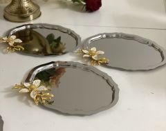 20*25 CM ÇELİK OVAL 3 ADET SERVİS VE SUNUM TEPSİSİ BÜYÜK ÇİÇEKLİ
