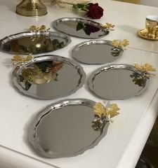 KÜÇÜK VE BÜYÜK ÇELİK OVAL SUNUM TEPSİSİ KELEBEKLİ 6 ADET
