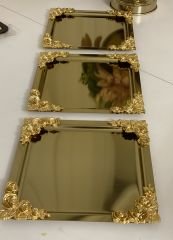 PASLANMAZ ÇELİK GOLD KARE 3 ADET DÖRT KENAR GÜLLÜ SUNUM TEPSİSİ