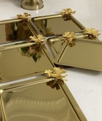 ÇELİK GOLD RENK KARE 6 LI GOLD AKSESUARLI SUNUM TEPSİ