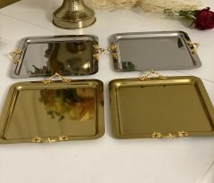 2 GOLD 2 GÜMÜŞ KARE MİNİK KULPLU SERVİS VE SUNUM TEPSİSİ