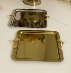 GOLD VE GÜMÜŞ KARE MİNİK KULPLU 2 Lİ SERVİS VE SUNUM TEPSİSİ