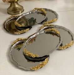 20*25 CM PASLANMAZ ÇELİK OVAL MODEL 6 ADET KULPLU SERVİS TEPSİSİ