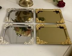 GOLD VE GÜMÜŞ KARE 4 LÜ DÖRT KENAR GÜL AKSESUARLI SUNUM TEPSİSİ