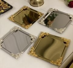 GOLD VE GÜMÜŞ KARE 4 LÜ DÖRT KENAR GÜL AKSESUARLI SUNUM TEPSİSİ