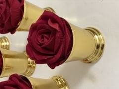 3 ADET GOLD RENK KIRMIZI KADİFE GÜLLÜ GÜL KOVASI