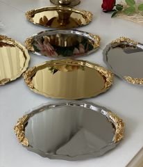 GOLD VE GÜMÜŞ 20*25 CM OVAL KULPLU 6 ADET SUNUM TEPSİSİ
