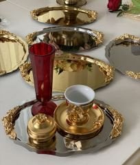 GOLD VE GÜMÜŞ 20*25 CM OVAL KULPLU 6 ADET SUNUM TEPSİSİ