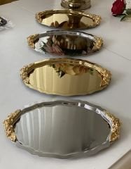 20*25 CM OVAL 2 GOLD 2 GÜMÜŞ KULPLU MODEL SUNUM TEPSİSİ