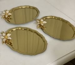 20*25 CM GOLD OVAL 3 ADET BÜYÜK ÇİÇEKLİ SUNUM TEPSİSİ