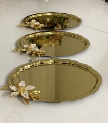 20*25 CM GOLD OVAL 3 ADET BÜYÜK ÇİÇEKLİ SUNUM TEPSİSİ