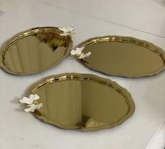 20*25 CM GOLD OVAL MODEL 3 ADET BEYAZ KELEBEKLİ SUNUM TEPSİSİ