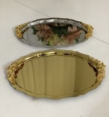 20*25 CM GOLD VE GÜMÜŞ OVAL KULPLU SUNUM TEPSİSİ