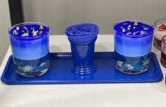 DEKORATİF 2 LI CAM MAVİ RENK KOKULU MUM GÜL KOVASI DİKDÖRTGEN TEPSİLİ MAVİ