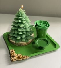 DEKORATİF TEPSİLİ ÇAM AĞACI KOKULU MUM GÜL KOVASI VE MAKARONLUK