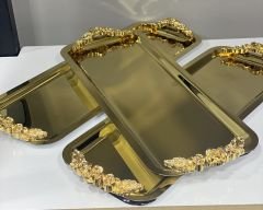 GOLD DİKDÖRTGEN 3 ADET KULPLU MODEL SERVİS VE SUNUM TEPSİSİ