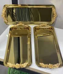 GOLD DİKDÖRTGEN 3 ADET KULPLU MODEL SERVİS VE SUNUM TEPSİSİ