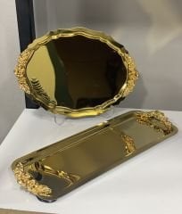 GOLD KAPLAMA OVAL VE DİKDÖRTGEN KULPLU MODEL SERVİS VE SUNUM TEPSİSİ