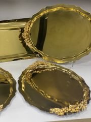 GOLD RENK 3 ADET OVAL 3 ADET DİKDÖRTGEN KULPLU MODEL SERVİS VE SUNUM TEPSİSİ