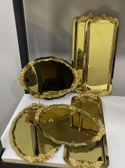 GOLD RENK 3 ADET OVAL 3 ADET DİKDÖRTGEN KULPLU MODEL SERVİS VE SUNUM TEPSİSİ