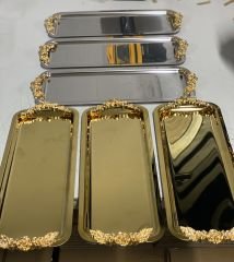 ÇELİK DİKDÖRTGEN 3 ADET GOLD 3 ADET GÜMÜŞ KULPLU SERVİS VE SUNUM TEPSİSİ