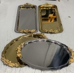 GOLD VE GÜMÜŞ 2 MODEL SUNUM TEPSİSİ KULPLU BATON VE OVAL MODEL