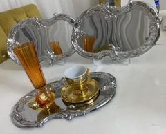 PASLANMAZ ÇELİK GÜMÜŞ RENK 3 ADET İŞLEMELİ DESEN SUNUM TEPSİSİ SERVİS