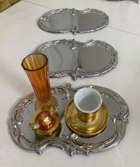 PASLANMAZ ÇELİK GÜMÜŞ RENK 3 ADET İŞLEMELİ DESEN SUNUM TEPSİSİ SERVİS