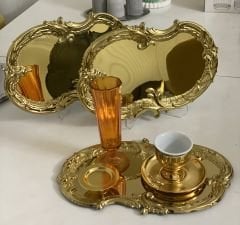 ÇELİK GOLD RENK 3 ADET İŞLEMELİ DESENLİ SERVİS TEPSİSİ SUNUM