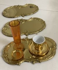 ÇELİK GOLD RENK 3 ADET İŞLEMELİ DESENLİ SERVİS TEPSİSİ SUNUM