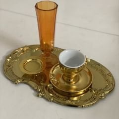 ÇELİK GOLD RENK 1 ADET İŞLEMELİ DESENLİ SERVİS TEPSİSİ SUNUM 30 cm