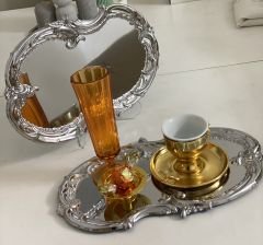 PASLANMAZ ÇELİK GÜMÜŞ 2 ADET İŞLEMELİ DESENLİ SERVİS VE SUNUM TEPSİSİ 30 cm