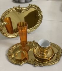 ÇELİK GOLD RENK 2 ADET İŞLEMELİ DESENLİ SERVİS TEPSİSİ 30 CM