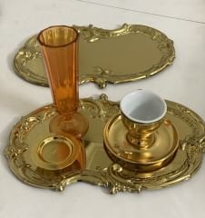 ÇELİK GOLD RENK 2 ADET İŞLEMELİ DESENLİ SERVİS TEPSİSİ 30 CM