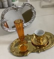 ÇELİK GOLD VE GÜMÜŞ İŞLEMELİ DESENLİ SERVİS TEPSİSİ 2 LI