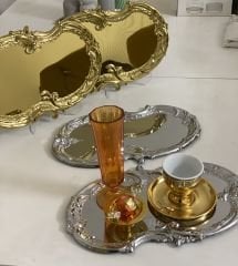 2 GOLD 2 GÜMÜŞ RENK İŞLEMELİ DESENLİ SERVİS VE SUNUM TEPSİSİ